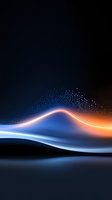 Abstract glowing wave with particles floating above, featuring smooth curves in orange and blue colors against dark background. Suitable for tech presentations.
