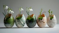 Creative spring composition with snowdrop flowers growing in decorated eggshells arranged in row, showing natural moss and delicate floral design for Easter decor.