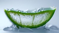 Fresh aloe vera leaf slice with water drops and ice cubes on light background, macro shot showing transparent gel texture and natural moisturizing properties.