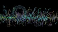 Colorful musical notes and sound waves flowing across black background creating dynamic audio visualization pattern for creative projects.