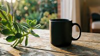 Black coffee mug on rustic wooden table with green succulent plant in cozy home interior with warm natural lighting for morning routine concepts.