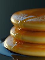 Stack of golden pancakes with dripping maple syrup and butter melting on top, captured in extreme close-up against dark background, showing texture and glossy details.