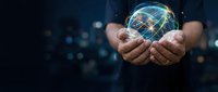 Businessman hands holding glowing digital globe with network connections representing global business technology and worldwide connectivity solutions.