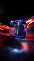 Transparent glass cube with neon lighting effects floating against dark background, illuminated by vibrant red and blue glowing streaks creating futuristic atmosphere.