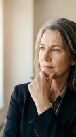 Mature woman with long gray hair wearing dark blazer, hand to chin in thoughtful pose, looking away with contemplative expression, suitable for business, corporate, and professional concepts.