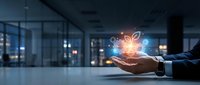Businessman hand holding glowing plant sprout with digital network connections in modern office environment representing growth and innovation concepts.