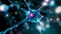 Glowing blue neuron cell with pink nucleus and extended dendrites against dark background with bokeh light effects for medical and scientific presentations.