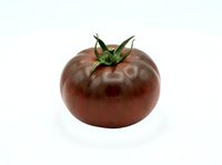 Dark red heirloom tomato with green stem isolated on white background, ready for culinary, food styling, recipe, and restaurant menu design use.
