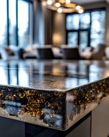 Luxurious epoxy resin countertop with gold flakes and dark marble effect creates dramatic contrast in modern restaurant interior with bokeh lighting.