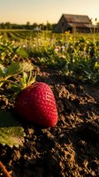 Fresh ripe strawberry growing in organic farm field at golden hour sunset with rustic barn background for agricultural and healthy food concepts.