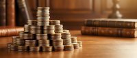 Golden coins stacked in pyramid formation on wooden desk with vintage books in warm library setting representing wealth accumulation and financial growth.