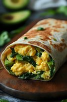 Fresh breakfast burrito filled with scrambled eggs, spinach and avocado wrapped in grilled tortilla on wooden board, close up view with natural lighting.