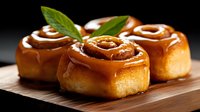 Fresh cinnamon rolls with sweet caramel glaze and mint leaves on wooden board, close up view against dark background. Food photography for bakery menu.