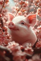 Adorable pink piglet surrounded by blooming cherry blossoms in soft coral tones, creating a whimsical spring scene with delicate petals and bokeh effects.