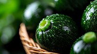 Fresh round dark green zucchini with water drops in wicker basket, close up view. Natural organic vegetables on rustic background with selective focus.