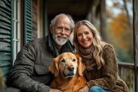 Senior Caucasian man with gray beard and blonde woman in brown sweater embracing golden retriever dog on porch, warm autumn family portrait outdoors.