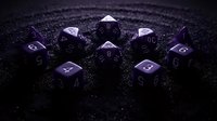 Purple polyhedral dice set arranged on dark textured surface for tabletop gaming, role-playing games, and dungeon master campaigns.