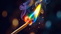 Burning match with vibrant rainbow flame and colorful smoke against dark background with bokeh lights for creative design projects.
