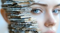 Creative portrait combining natural facial features with layered paper texture effect, showing eye and partial face emerging through torn pages. Artistic conceptual composition.