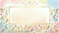 Watercolor Easter frame with bunnies, carrots, flowers, and butterflies on pastel background, isolated on white for greeting cards and spring designs.