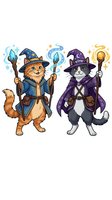 Two cartoon cats dressed as wizards with magical staffs and robes, isolated on white background. Perfect for children's book illustrations, t-shirt designs, and clipart applications.