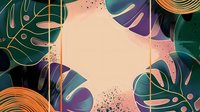 Tropical monstera leaves frame with gold accents on peach background. Abstract botanical border design with emerald green and purple foliage elements and metallic details.