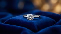 Elegant diamond solitaire engagement ring in white gold setting displayed on luxurious blue velvet jewelry box with warm bokeh lights in background.