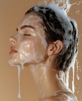 Young Caucasian woman with wet hair and glowing skin washing head with shampoo foam and water drops against beige background, side view profile with closed eyes.
