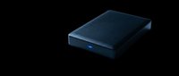 Portable external hard drive with blue LED light, isolated on transparent background, ready for tech clipart, print on demand, stickers, and t-shirt design use.