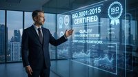 Middle-aged Caucasian businessman in dark suit presenting ISO 9001:2015 certification holographic display in modern office with city skyline view.
