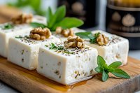 Creamy white cheese appetizer garnished with fresh herbs, walnuts and seeds on wooden board. Drizzled with olive oil, close up view of gourmet dairy starter.