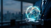 Professional businessman in suit holding glowing digital globe with network connections representing global business technology and worldwide connectivity.