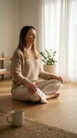 Young woman practicing mindfulness meditation at home sitting cross-legged on wooden floor in cozy living room with natural light for wellness and mental health.