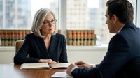 Senior female lawyer with gray hair and glasses consulting with male client in modern law office with legal books for professional legal services.