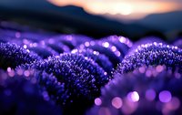 Purple lavender field at sunset with bokeh lights and mountain silhouettes creating dreamy romantic atmosphere for wellness and relaxation concepts.