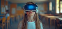 Young Caucasian girl wearing a VR headset in a classroom, exploring virtual reality technology in modern education environment.