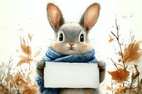 Adorable bunny wearing blue scarf holds blank sign against autumn background with falling brown leaves, watercolor style artwork for seasonal greeting cards and announcements.