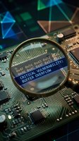 Magnifying glass revealing critical vulnerability buffer overflow error message on circuit board with holographic network connections and digital code display.