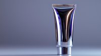 Metallic cosmetic tube with holographic chrome finish on gray background, luxury skincare packaging mockup for premium beauty product presentation.