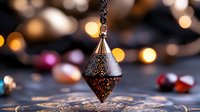 Ornate metal lantern pendant with geometric patterns glowing warmly against dark background with scattered bokeh lights and decorative beads. Perfect for Ramadan designs.