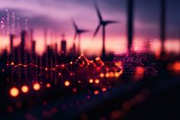 Wind turbines silhouetted against purple sunset sky with digital financial data overlay and glowing bokeh lights, representing renewable energy investment growth.