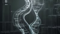 Abstract digital DNA double helix structure with glowing white lines and data code patterns on dark technological background for science concepts.