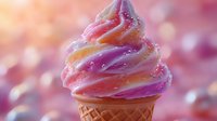 Swirled soft serve ice cream in waffle cone featuring pink and peach colors with sparkly sugar crystals against dreamy bokeh background. For food and dessert advertising.
