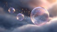 Magical soap bubbles floating in dreamy purple atmosphere with glowing particles and soft bokeh lights creating ethereal mood for fantasy backgrounds.