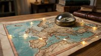 Vintage world map with golden fairy lights and magnifying glass on wooden desk creating warm atmospheric lighting for travel planning and exploration concepts.
