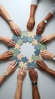 Diverse group of people assembling circular puzzle pieces together, symbolizing teamwork, collaboration, unity and problem-solving in business and community projects.