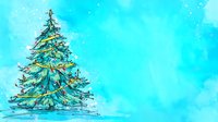 Festive pine tree decorated with golden garlands against vibrant turquoise watercolor background, perfect for holiday season designs.