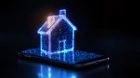 Glowing blue hologram house floating above smartphone screen in dark background, digital real estate concept with futuristic neon light effect.
