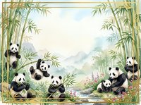 Watercolor pandas playing in a bamboo forest, framed with a golden border and copy space for text or design use.