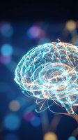 Glowing digital brain with neural networks and light connections on dark blue bokeh background for artificial intelligence and neuroscience concepts.